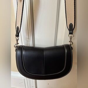 Zara Black Leather Crossbody Bag with Beige Strap
